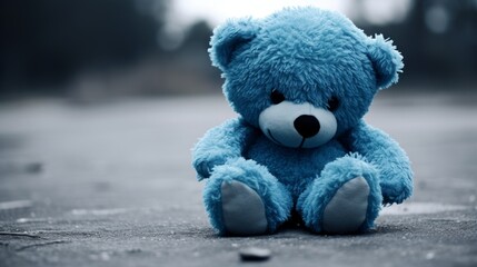 Blue sad bear on the rainy street