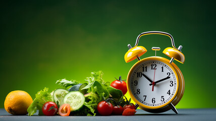 fresh vegetables and fruits in clock on black background, diet food concept