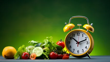 Deurstickers fresh vegetables and fruits in clock on black background, diet food concept © Vahagn