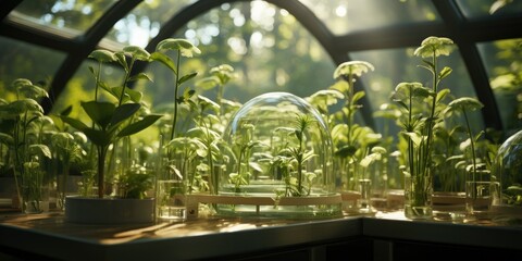 representation of advancements in biotechnology, where plants play a role in research and innovation. - obrazy, fototapety, plakaty