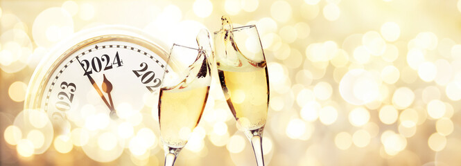 Vintage gold clock strikes New Year 2024 with glasses of champagne on a beige background with bokeh...