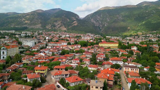 Panoramic aerial view of t town Karlovo, Bulgaria