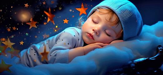 Cute little baby sleeping in a crib on the night starry sky background. AI generated illustration.