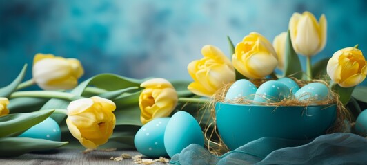 Easter holiday celebration banner greeting card banner with blue turquoise painted eggs in a bowl...