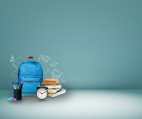 Blue school bag with books and school accessories on a grey background with copy space. 3D Rendering, 3D Illustration - obrazy, fototapety, plakaty