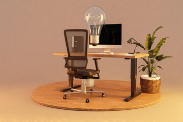 lightbulb flying over modern clean workspace on wooden desk with adjustable height, chair and plant on wooden floor disk; infinite background; 3D rendering