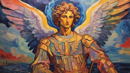 Painting of Christian angel with armor and colorful wings - obrazy, fototapety, plakaty