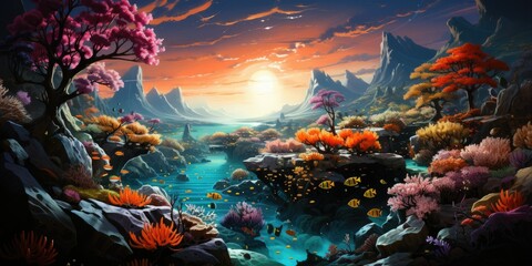 Obraz na płótnie Canvas The vibrant colors of the clownfish and the gentle glow create a captivating and enchanting marine tableau.