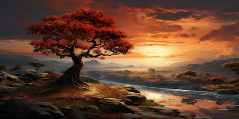 The warm hues of the setting sun cast a gentle glow, and the tree stands alone, surrounded by lush grass. It's a peaceful and contemplative 