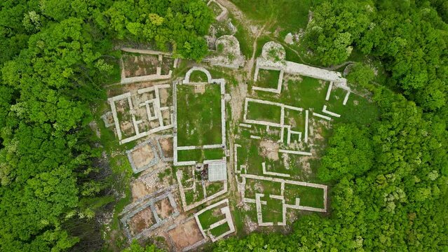 Drone view over the ancient city of Misionis, a large ancient city and fortress. It is located 7 km from the city of Targovishte Bulgaria in the area of Krumovo Kale