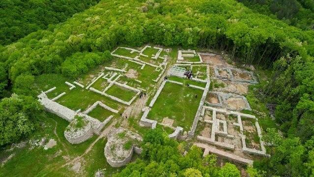 Drone view over the ancient city of Misionis, a large ancient city and fortress. It is located 7 km from the city of Targovishte Bulgaria in the area of Krumovo Kale