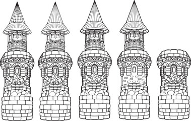 Set Fairy Tale Castle Outline Illustrations drawn black  tower linear freehand drawing clipart for coloring. Cartoon old high brick building, children's fairy tale princess house guarded by dragon  