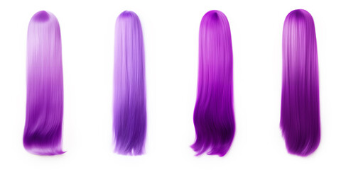 Purple hair set isolated on a white background - various styles, lengths, shades. Glamour woman hair - lilac hair color - magenta hair