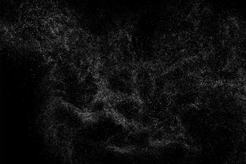 Distressed grunge texture. Abstract white pattern on black background. Od paper overlay. Grain noise. Splash realistic effect. Vector illustration.	
