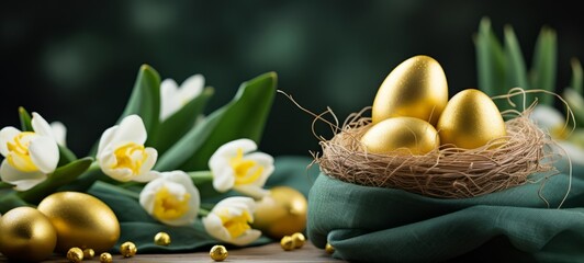 Easter holiday celebration banner greeting card banner with blue gold painted eggs in a bird nest basket and yellow tulips flowers on table