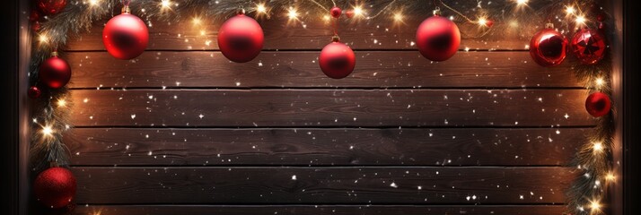 Blank red banner with frame of Christmas tree branches and Christmas decorations with space for text - obrazy, fototapety, plakaty