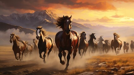 A captivating illustration portraying a herd of wild horses in a vast and untamed landscape,...