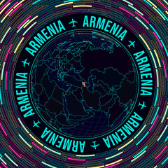 Armenia on globe. Satellite view of the world centered on Armenia. Bright neon style. Futuristic radial bricks background. Authentic vector illustration.