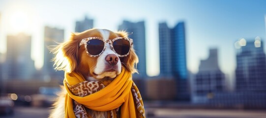 Stylish Dog in Sunglasses and Scarf with City Skyline