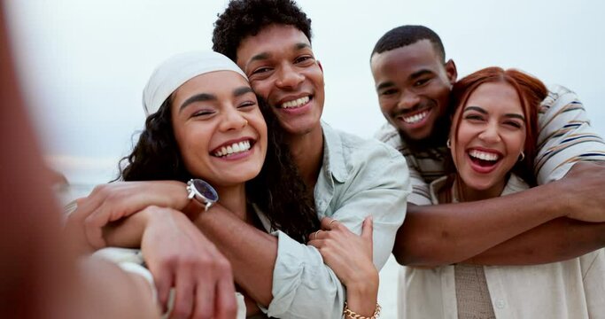 Friends, group and beach selfie with face, smile and hug with happy couple, post or web blog on vacation. Men, women and gen z people with diversity, holiday or laugh for photography for social media