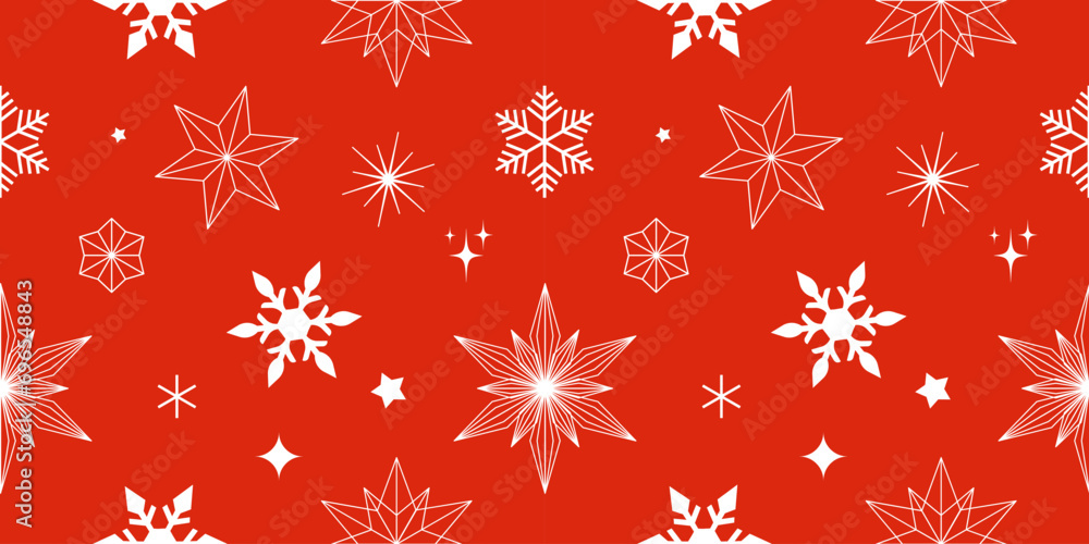 Poster seamless pattern with christmas elements with snowflakes and stars on red colour background for wrap