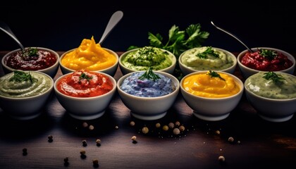 A Variety of Dips in Colorful Bowls - obrazy, fototapety, plakaty