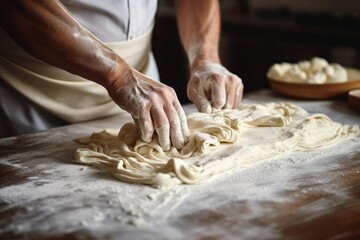 The cook's male hands close making pasta