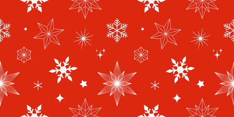 Seamless pattern with Christmas elements with snowflakes and stars on red colour background for wrapping paper, card, banner. Holiday season, abstract design. Vector illustration.