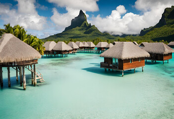 Fototapeta premium A peaceful and tranquil lagoon with crystal-clear waters and overwater bungalows dotting the shoreline