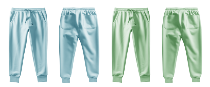2 Set of pastel green turquoise blue, front back view sweatpants jogger sports trousers bottom pants on transparent background, PNG file. Mockup template for artwork design