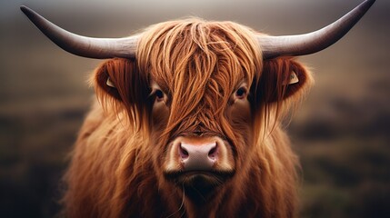 An endearing and close-up image featuring a Highland cow with distinctive horns, showcasing the unique charm and rugged beauty of this iconic breed. - obrazy, fototapety, plakaty