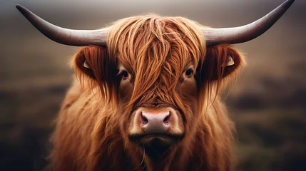Photo sur Plexiglas Highlander écossais An endearing and close-up image featuring a Highland cow with distinctive horns, showcasing the unique charm and rugged beauty of this iconic breed.