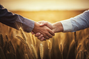 Two people engage in a firm handshake in a golden wheat field, symbolizing a successful agreement or partnership in an agricultural setting.