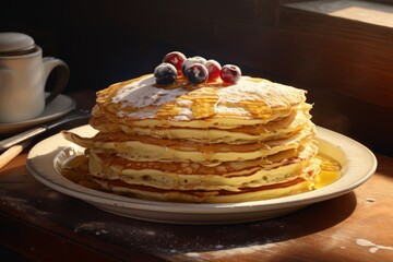Fried pancakes with maple sling and berries, pancake breakfast on a plate