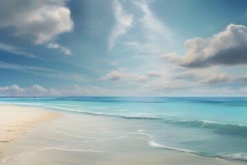 Fototapeta na wymiar tropical beach panorama, seascape with a wide horizon, showcasing the beautiful expanse of the sky meeting the sea Generative Ai