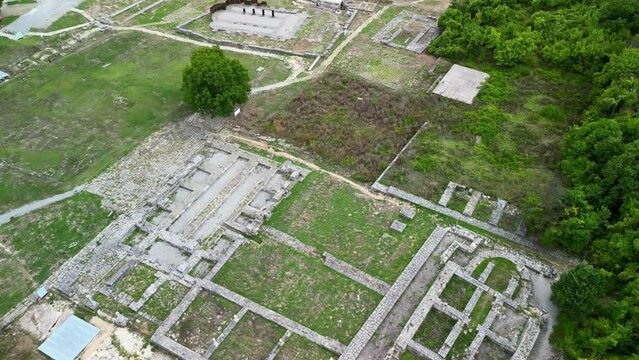 Drone view over Great Preslav (Veliki Preslav), Shumen, Bulgaria. Ruins of The capital city of the First Bulgarian Empire medieval stronghold