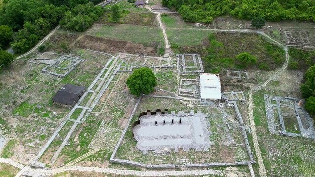Drone view over Great Preslav (Veliki Preslav), Shumen, Bulgaria. Ruins of The capital city of the First Bulgarian Empire medieval stronghold