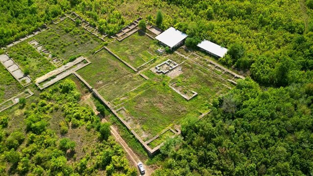 Drone view over Great Preslav (Veliki Preslav), Shumen, Bulgaria. Ruins of The capital city of the First Bulgarian Empire medieval stronghold