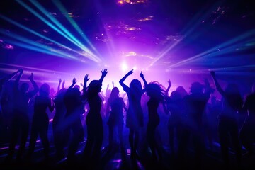 Fototapeta na wymiar Crowd dancing under bright light beams at a disco.
