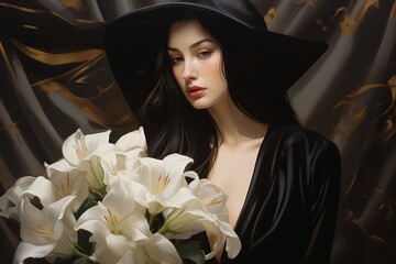 Beautiful young girl in mourning attire with a bouquet of white lilies, close-up of a widow
