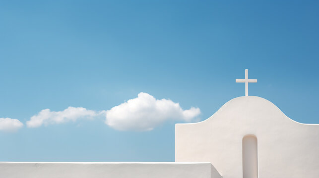 Minimalist church somewhere in the Mediterranean against a blue sky with clouds