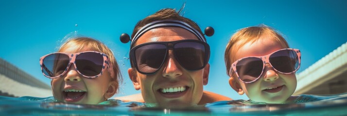 Dad with children in the pool, wonderful summer time with family, active summer holiday, banner - Powered by Adobe