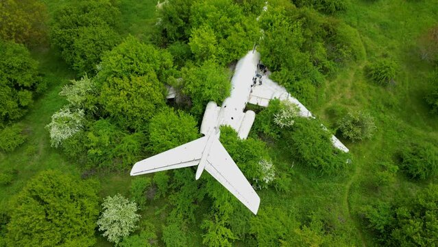 Drone view over an abandoned Tu-134 aircraft near the city of Rzgrad