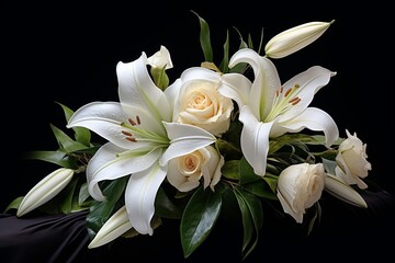 Farewell ceremonial funeral bouquet of white lilies on a dark background