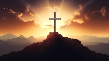 Silhouette holy cross concept symbol on top of mountain resurrection background with sunlight