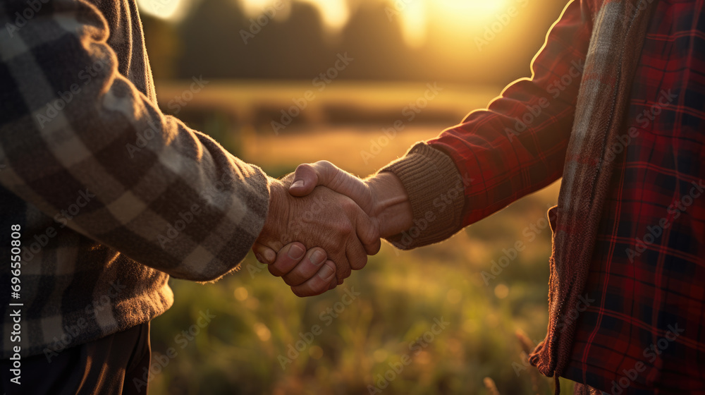 Poster two farmers shake hands in front of a wheat field.