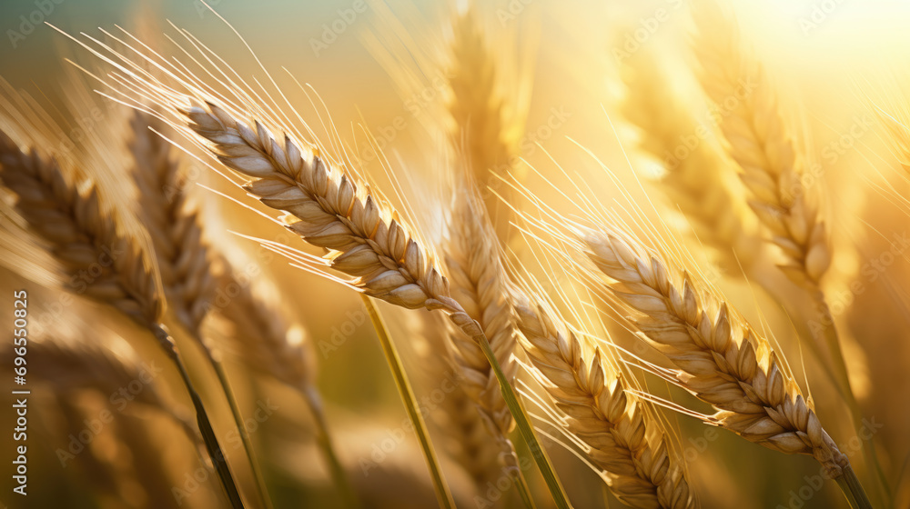 Poster close-up of wheat ears against the background of a wheat field