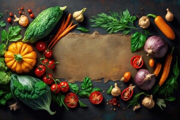 Obraz na płótnie Canvas Frame of fresh vegetables and spices on dark rustic background, top view