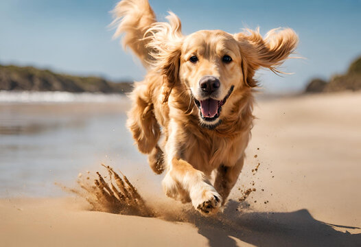 An enchanting 4K wallpaper featuring photograph of a playful Golden Retriever running on a sandy beach, with its ears flapping in the wind and a big smile on its face