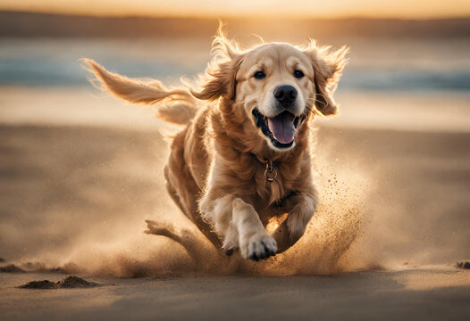 An enchanting 4K wallpaper featuring photograph of a playful Golden Retriever running on a sandy beach, with its ears flapping in the wind and a big smile on its face